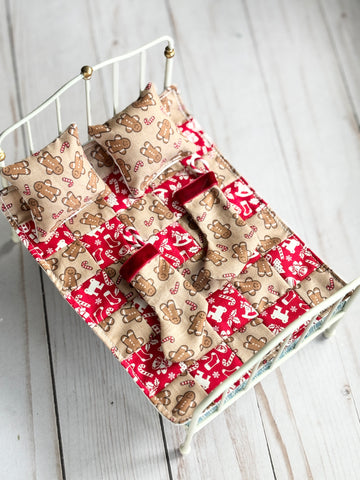 Medium Dollhouse Christmas Gingerbread Quilt, pillow, stocking - Miniature Bedding Set - Maileg Mouse
