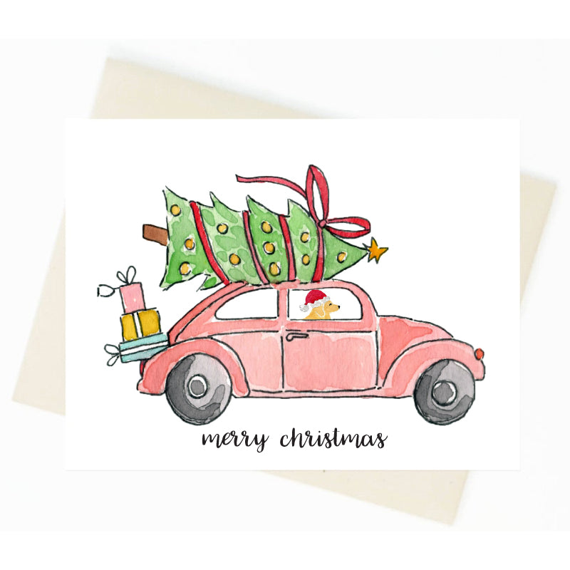 Christmas VW Beetle Golden Retriever Card