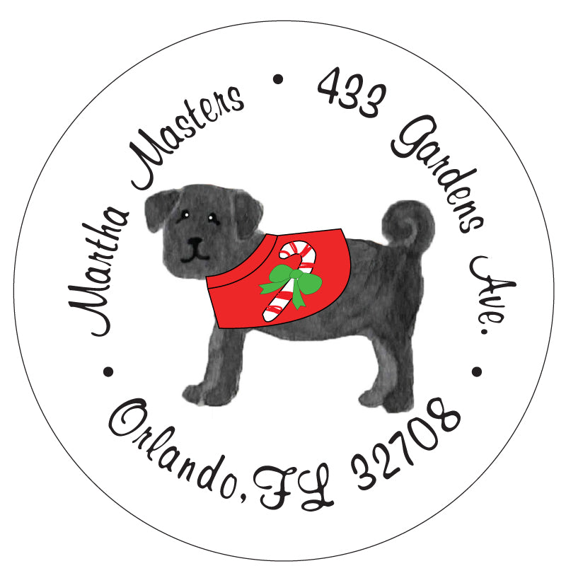 Black Pug Christmas Candy Cane Address Labels