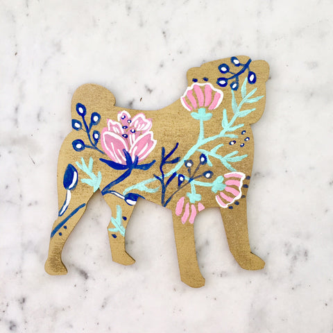 Wooden Pug Silhouette - Gold Floral