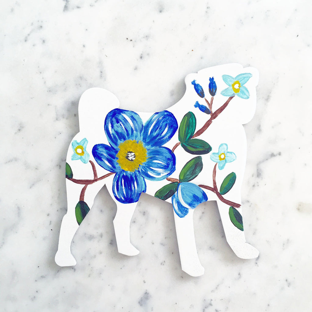 Wooden Pug Silhouette - Blue Floral