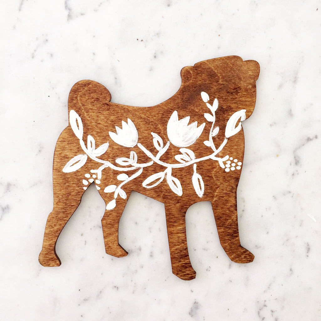 Wooden Pug Silhouette - White Floral