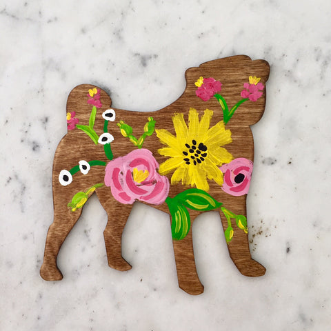 Wooden Pug Silhouette - Pink & Yellow Floral