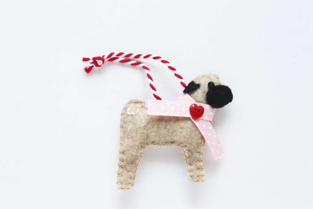 Valentine Pug Ornament - fawn pug with pink collar