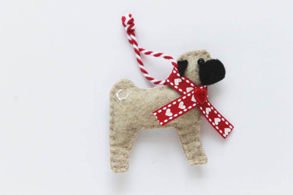 Valentine Pug Ornament - fawn pug with red collar