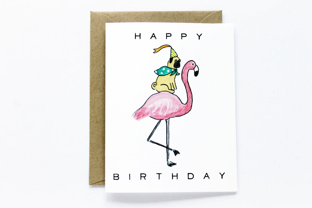 Flamingo Pug Birthday Card