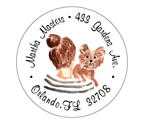 Lady with bun and Yorkie - Address Labels